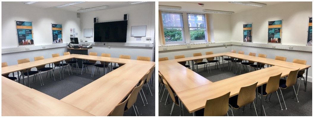 Classroom with tables and chairs.
